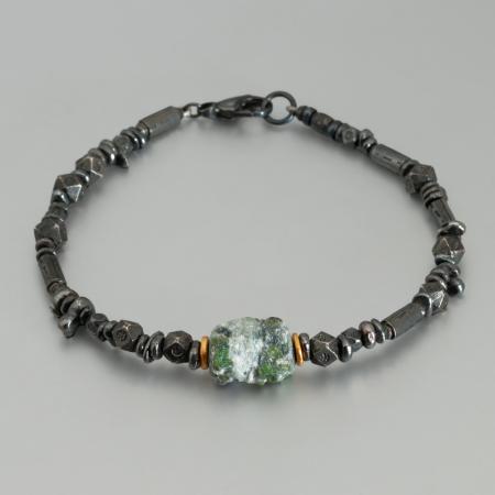 Schönes Herren-Armband aus Silber mit grün marmoriertem Stein, Geschenkidee zu Weihnachten Schmuck Herren-Armband