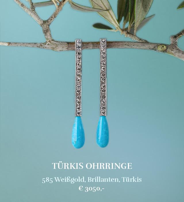 Maßgeschneiderte Ohrringe online kaufen, Geschenkidee für Frauen Schmuck, Besondere Ohrringe mit Brillanten und Türkisen, Weihnachtsgeschenke für die Ehefrau Schmuck, Goldschmiede Schmuck online bestellen, Einzigartige Geschenke zu Weihnachten