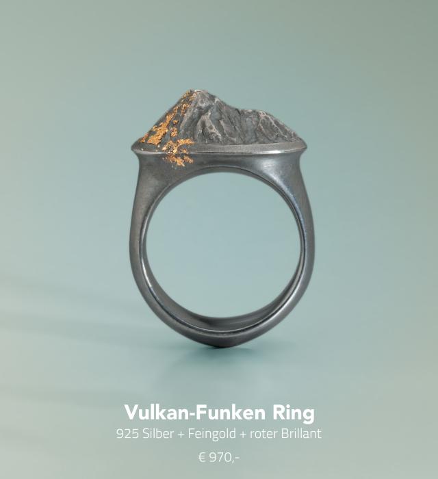 Berg-Vulkan Ring aus Silber mit Gold und rotem Brillant. Goldschmiede Schmuckunikat aus Immenstadt im Allgäu